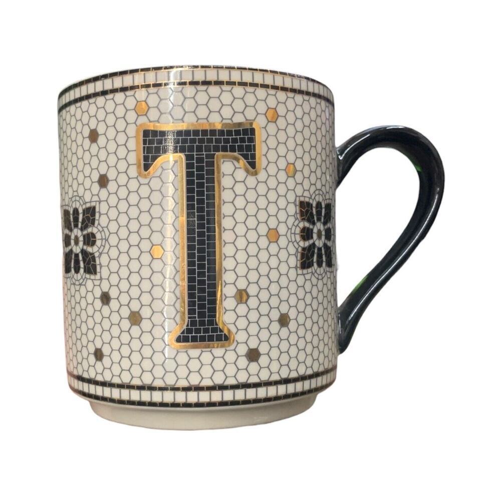 Anthropologie initial letter T Mug Black Gold Honeycomb Mosaic Tile Mug